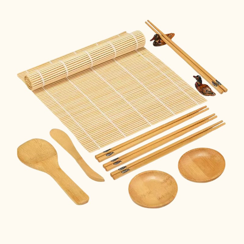 Complete sushi kit maker set with bamboo mat, rice paddles, sauce dishes and decorative chopstick holders