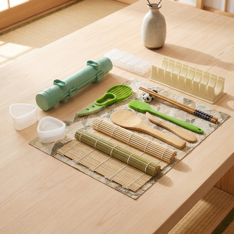 Essential sushi kit making tools arranged on natural wood surface with rice paddle and bamboo rolling mat