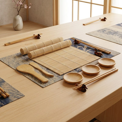 Traditional sushi maker kit with multiple bamboo mats and wooden accessories arranged on modern Japanese dining table