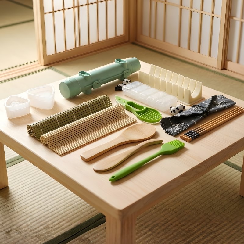 Premium sushi making kit with green bazooka mold, rice molds, and traditional bamboo accessories on wooden table
