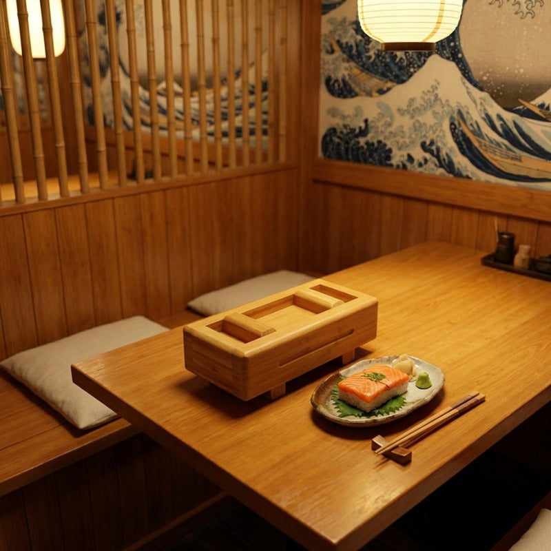 Traditional sushi mold bamboo press on wooden table beside salmon nigiri plate with chopsticks in Japanese izakaya with Hokusai Great Wave mural and paper lantern