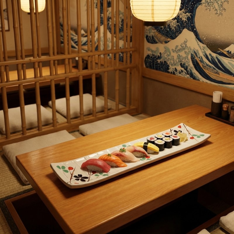 Premium sushi plate japanese with assorted nigiri and maki rolls served in traditional restaurant with Hokusai wave art