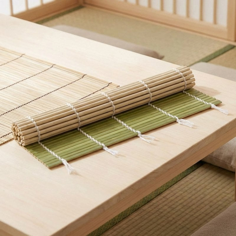 Japanese sushi rolling mat in natural and green bamboo on chabudai low table in traditional tatami room