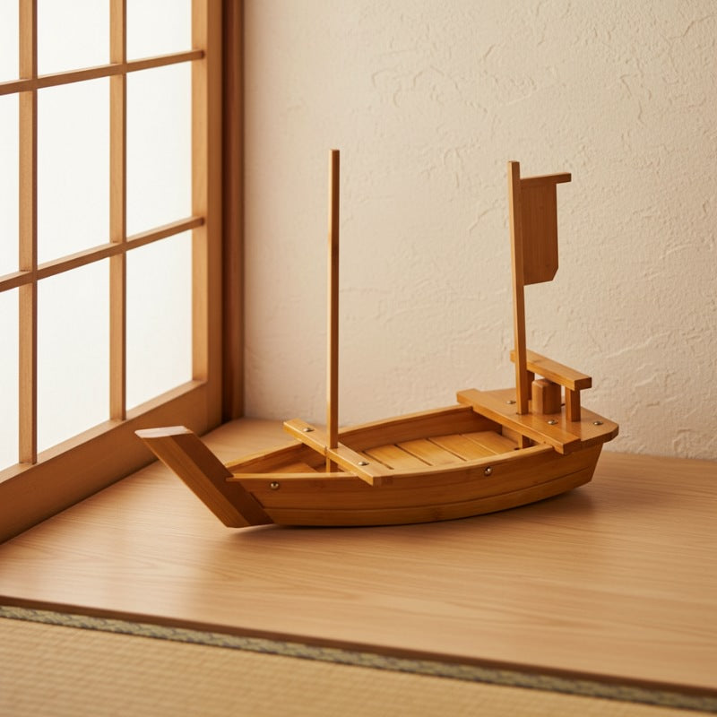 Sushi wood boat natural finish with vertical mast and planked deck on table near traditional shoji window screen