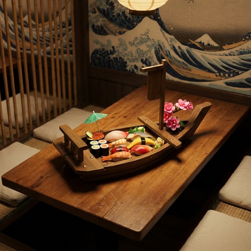 Sushi wood boats natural finish platter displaying assorted nigiri maki rolls with umbrella and orchid on rustic table