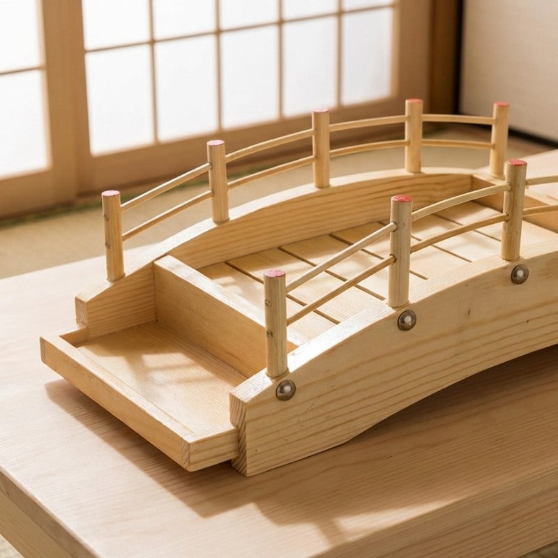 Sushi wooden boat arched bridge design with vertical posts and planked deck in soft natural lighting near shoji doors