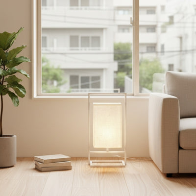 Elegant table japanese lamp with fabric shade glowing softly on wooden floor near bright window beside green plant and stacked books in contemporary setting