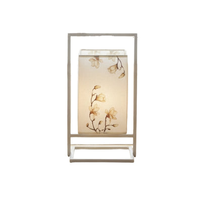Pure table lamp japanese modern aesthetic with botanical illustration on white cloth shade and minimalist metal structure on neutral background