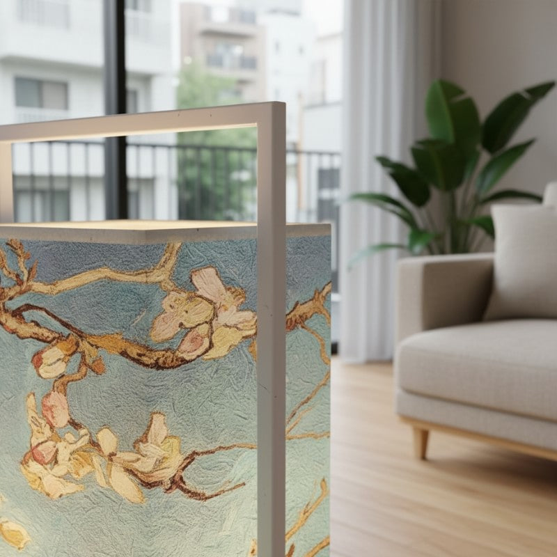 Vibrant table lamp japanese style showcasing detailed golden sakura branches on textured blue gradient shade beside modern sofa near balcony window