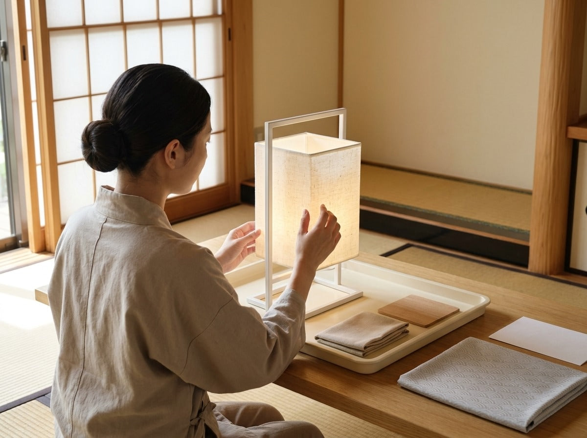 Artisan holding a lit Japanese table lamp with plain cream linen shade in white metal frame, tray with folded cloths on tatami room table by shoji doors