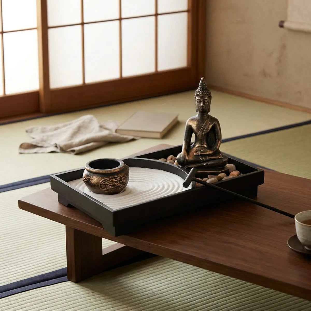 A wider view of the tatami room shows the zen garden tray with sand, pebbles, pot and rake sitting in the middle of the floor, the low chabudai table nearby.