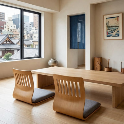 Tatami chair japanese greey pair with slatted backs around long table in modern room with noren curtain and urban view
