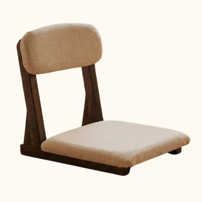 Tatami chair japanese with beige linen cushion and dark wood backrest frame isolated on neutral background