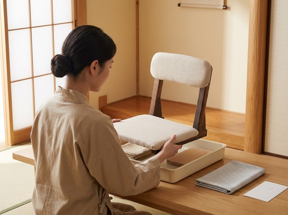 Woman in linen apron examining a traditional tatami chair with cream linen cushion and dark walnut wood frame on a wooden table in a bright Japanese room