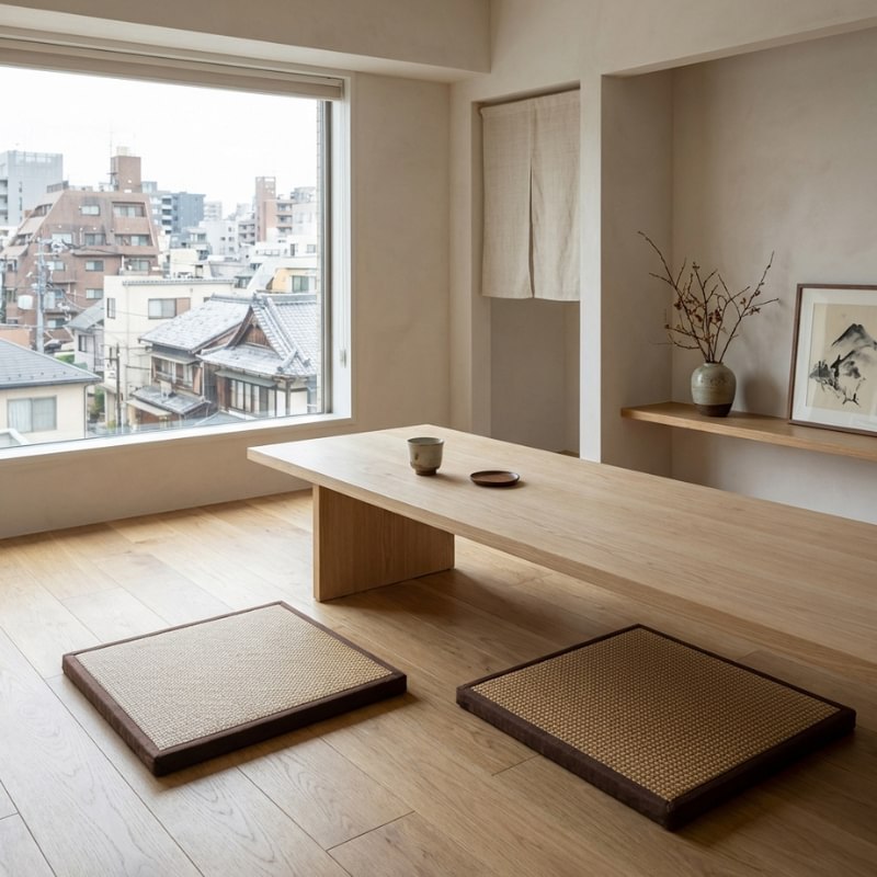 Tatami japanese mattress pair with woven surfaces beside wooden table overlooking urban rooftops with noren and sumi-e art