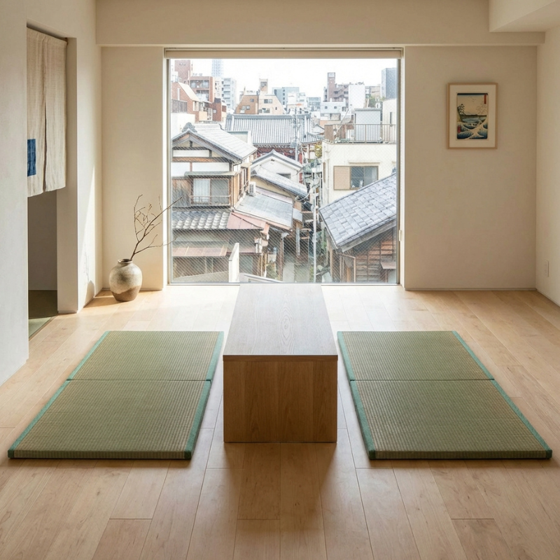 Tatami mat japanese pair flanking wooden table near large window overlooking urban rooftops with noren curtain and ukiyo-e print