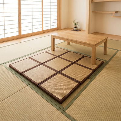 Tatami mattress japanese tiles arranged under wooden chabudai table on authentic tatami floor with shoji screen backdrop