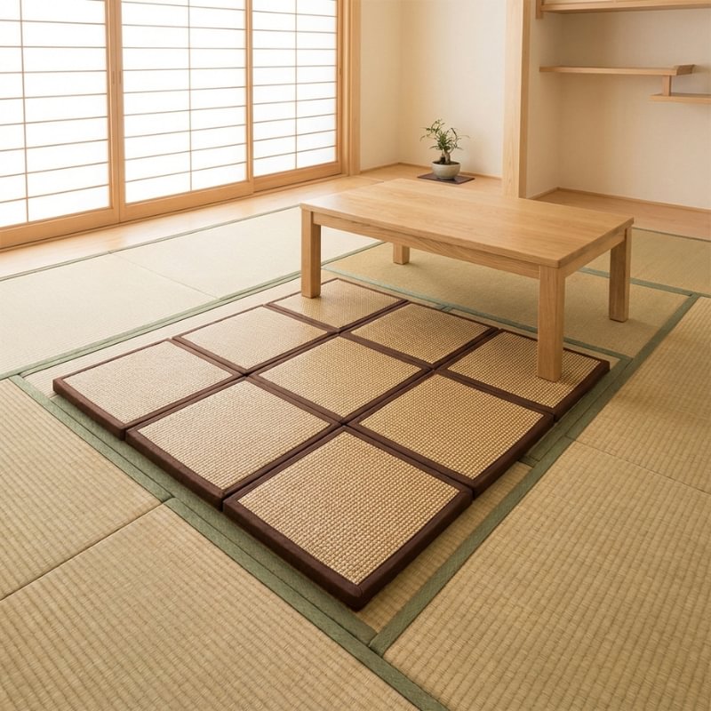 Tatami mattress japanese tiles arranged under wooden chabudai table on authentic tatami floor with shoji screen backdrop
