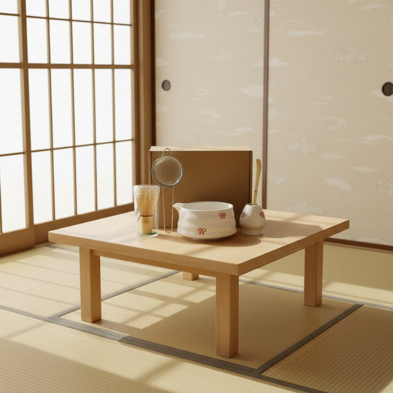 Tea matcha green set white porcelain bowl with red bows chasen whisk and gift box on low wooden table in traditional tatami room with shoji screens