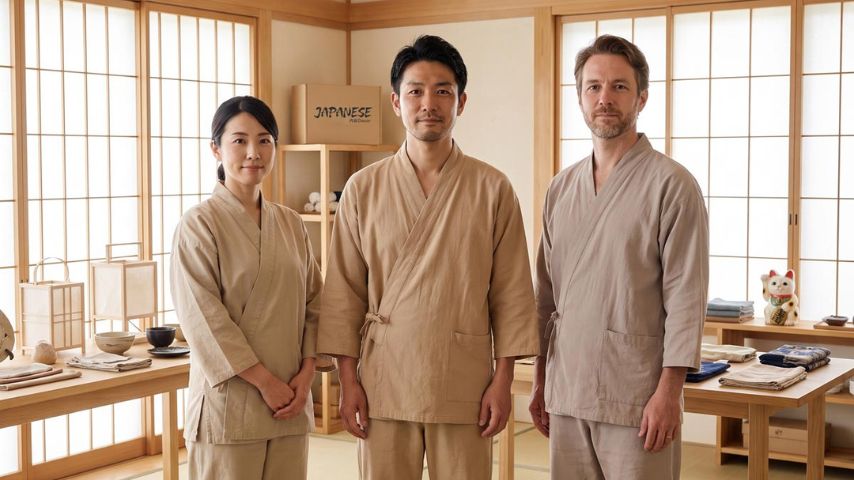 Three people standing in a traditional Japanese decor room wearing matching beige kimono-style robes. The room has wooden shoji screens, tatami flooring, and wooden tables with small items.