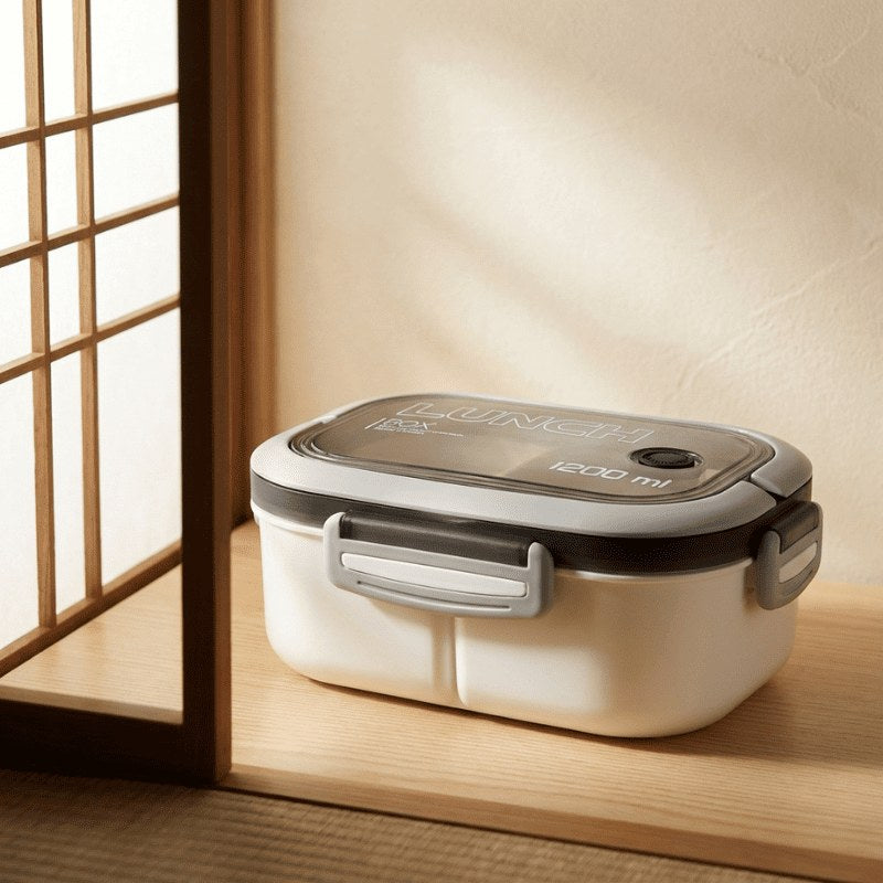 Sophisticated white the japanese bento box with transparent lid positioned on wooden shelf near traditional shoji screen window in peaceful setting