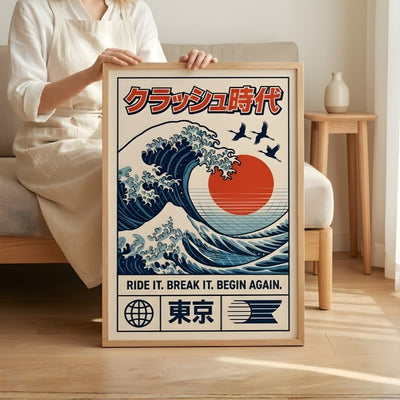 Contemporary the wave japanese print poster held by person in minimalist living room with beige sofa and natural wooden furniture