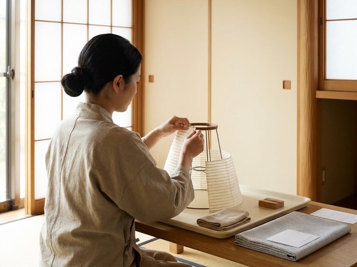 Woman assembling the pleated paper shade of a traditional akari lamp onto its wire frame, tray with folded linen cloth nearby beside a shoji screen window