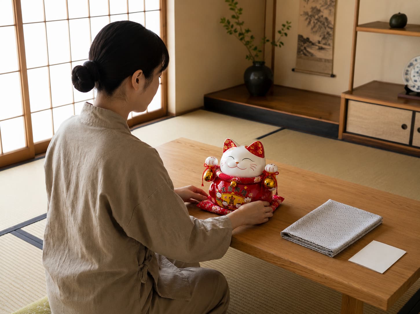 Woman positioning a traditional big maneki neko lucky cat statue on a low wooden table beside a folded linen cloth, with an ink landscape scroll and potted plant on a raised tatami platform behind