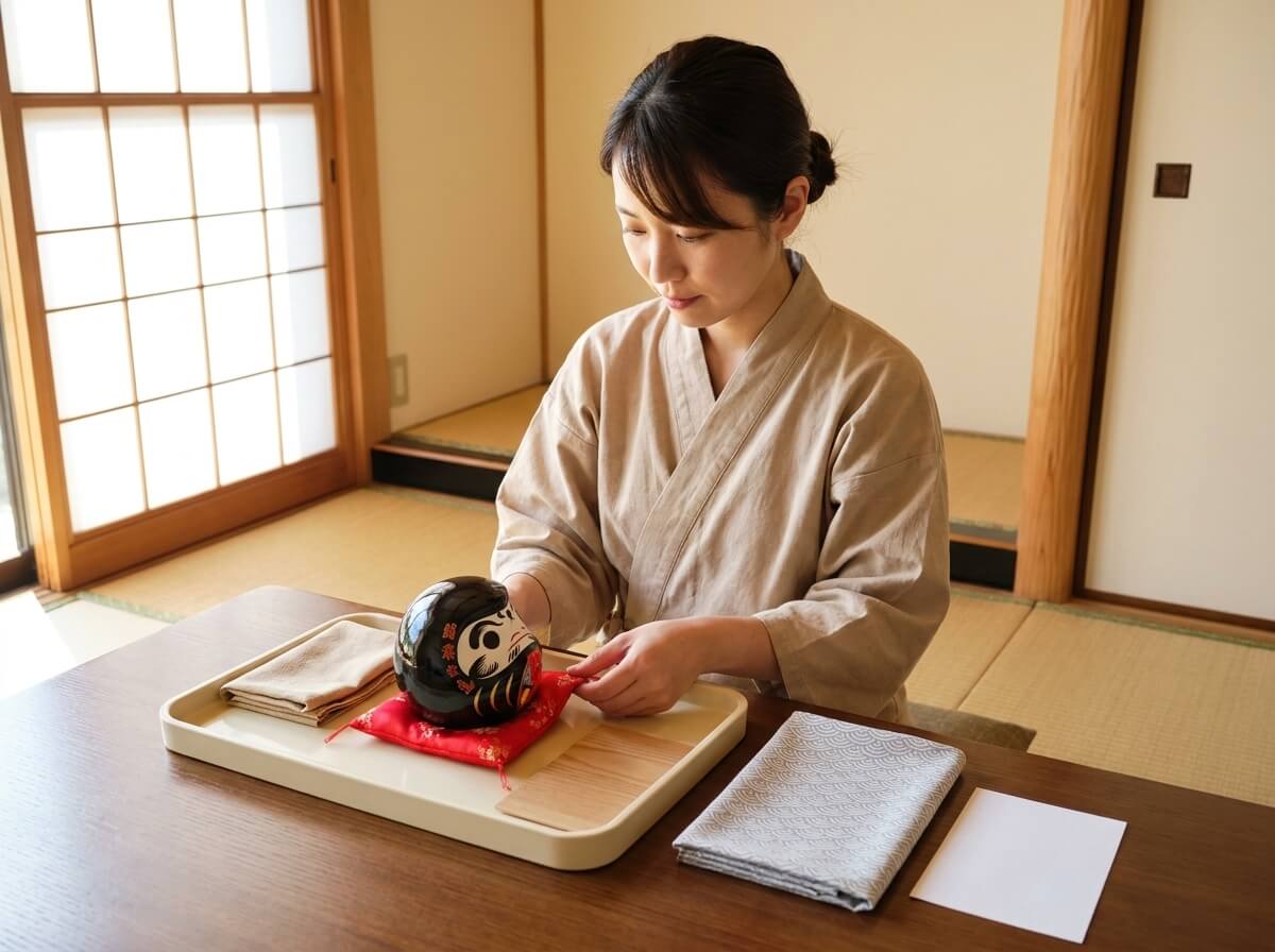 Woman inking the eye of a traditional black daruma doll resting on its red cushion, folded linen cloth and serving tray nearby on a dark wood table in a warm tatami room