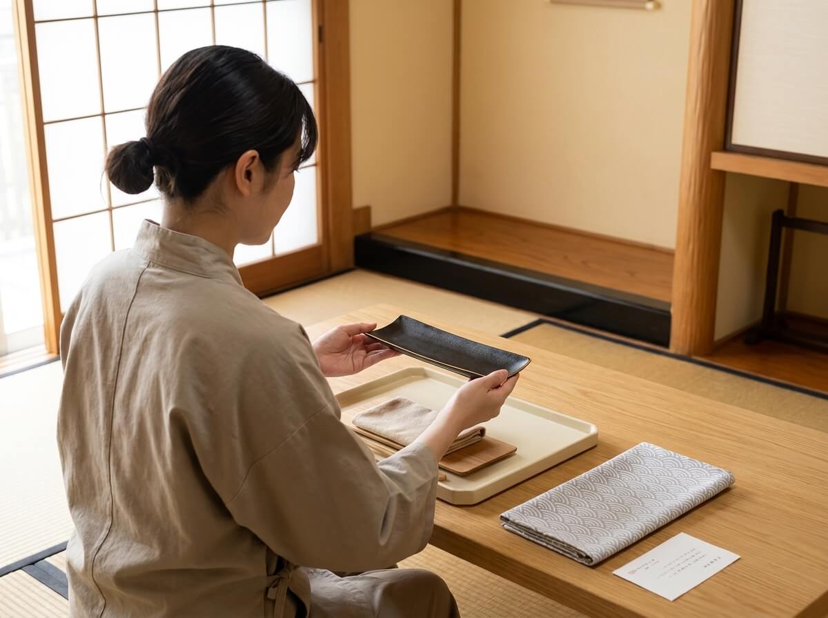 Woman in a linen apron holding a traditional black plate for sushi with a warm rust-colored edge, tray and folded linen resting beside her