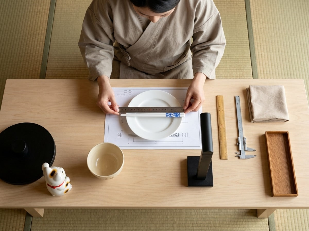 Overhead view of a woman in kimono measuring traditional Japanese ceramic chopsticks against technical blueprints on a white plate on a tatami worktable