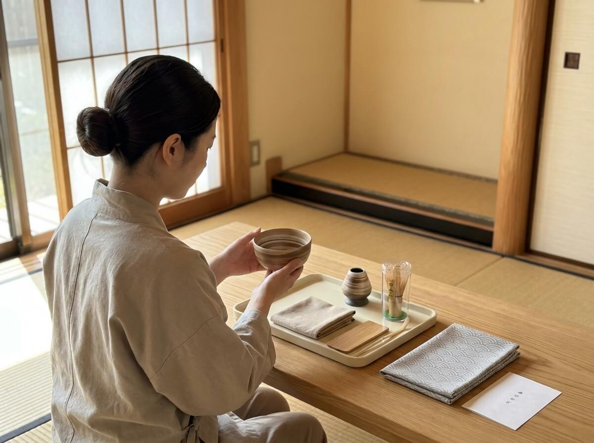 Overhead view of a traditional ceremonial matcha tea set in swirled brown stoneware being measured against a blueprint, alongside a bamboo whisk and maneki-neko figurine