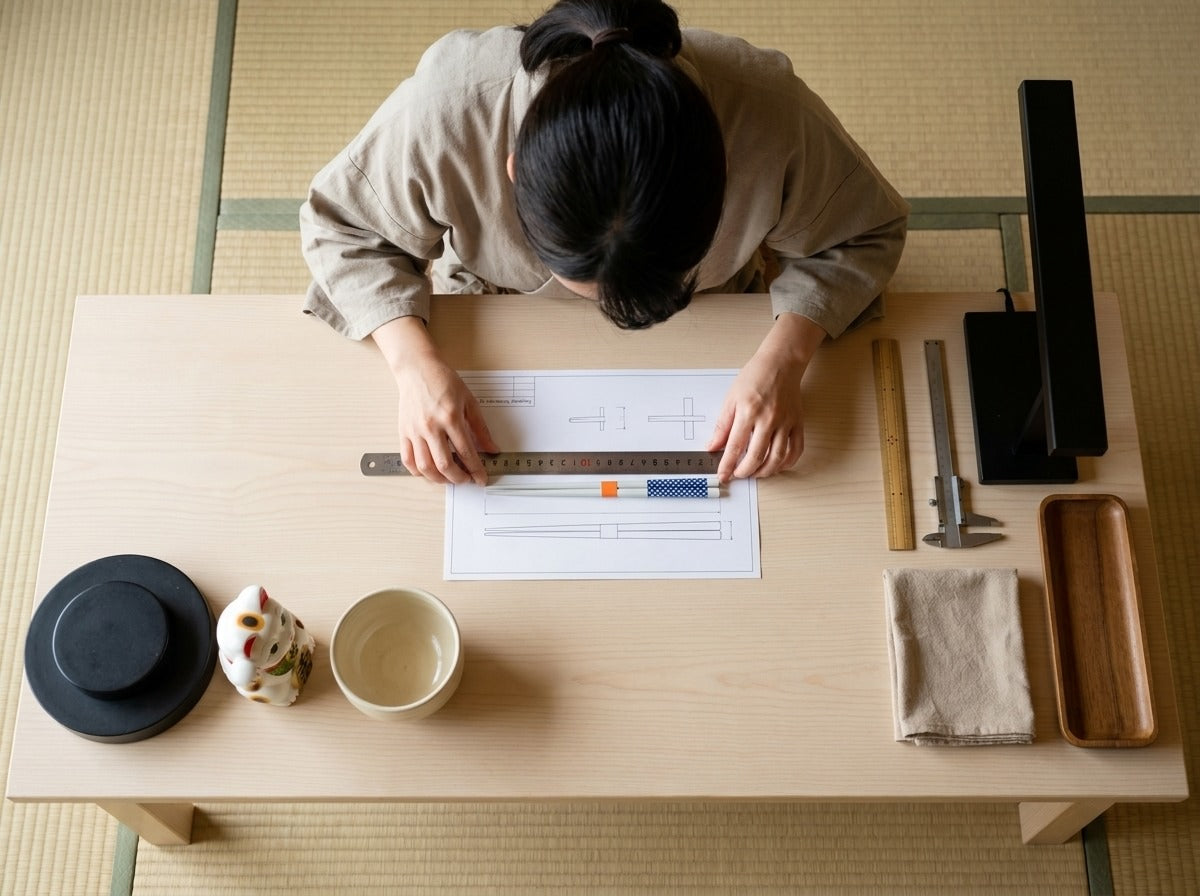 Woman in linen apron arranging a set of traditional Japanese ceramic chopsticks with blue motifs on a wooden tray in a warm tatami room