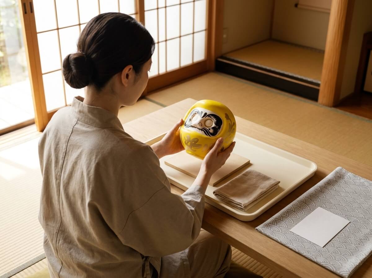 Woman in a linen apron holding a traditional daruma doll japan crafted in glossy yellow ceramic with a striking black-rimmed face, resting on a tray