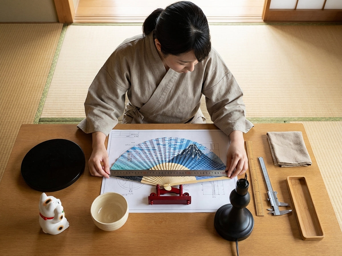 Overhead craftsmanship shot of a traditional Japanese folding fan with a Mount Fuji panorama design on its red stand, scale blueprint, maneki neko figurine and calipers nearby