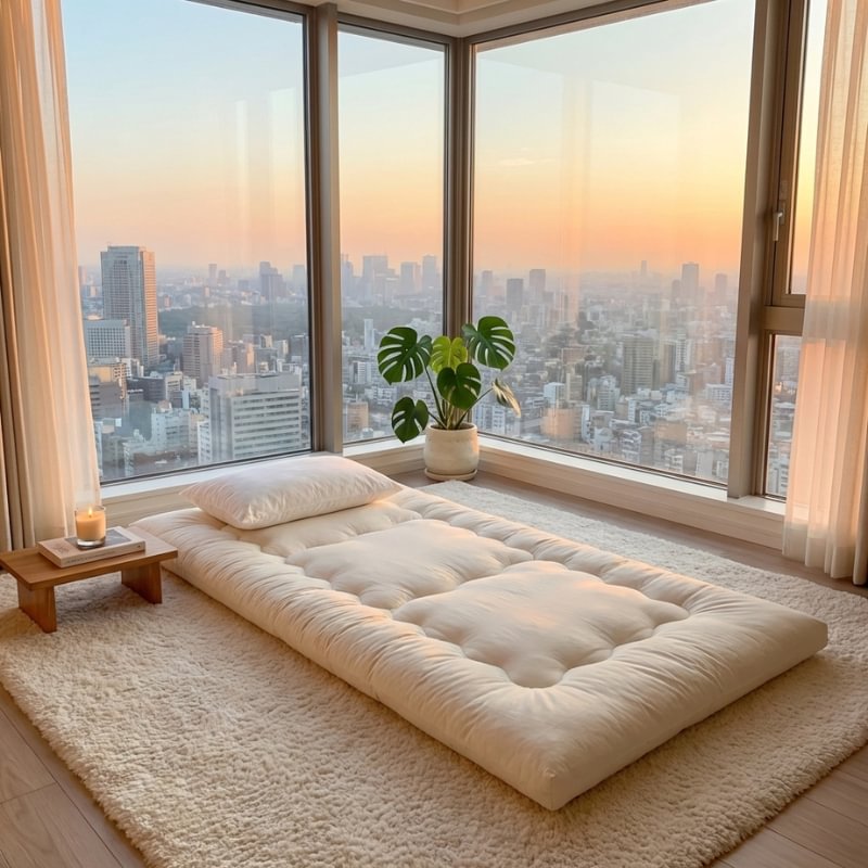 Traditional futon japanese with white quilted surface near panoramic window with urban skyline view and monstera plant
