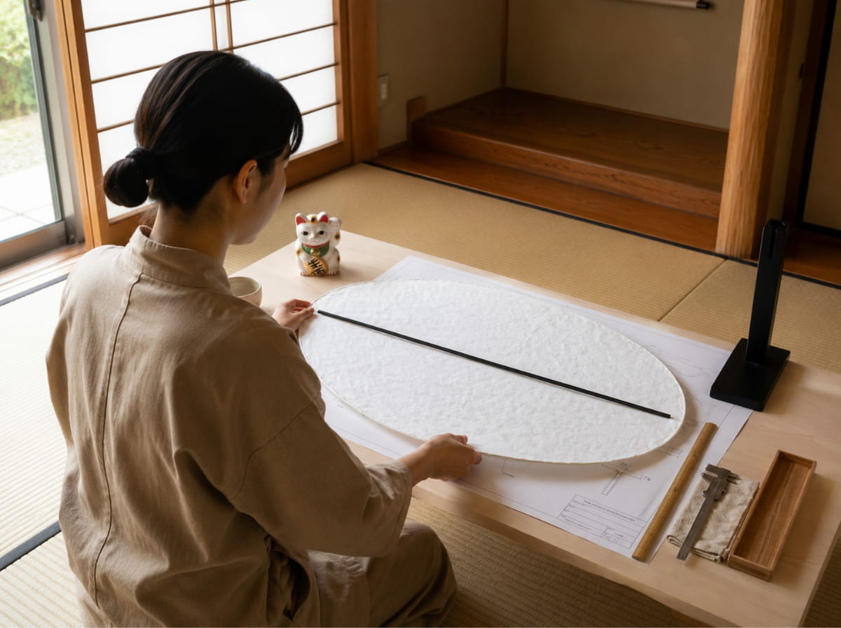 Woman positioning the black metal rod within an oval crumpled paper traditional japandi pendant lamp shade, maneki neko figurine and blueprint visible near a shoji screen door