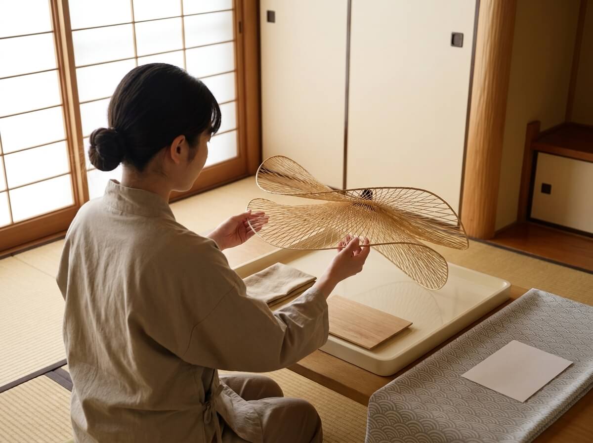 Woman holding an open woven bamboo japandi style lamp shade with sculptural dragonfly-wing form, examining the intricate lattice weave beside a shoji screen in a natural light tatami room