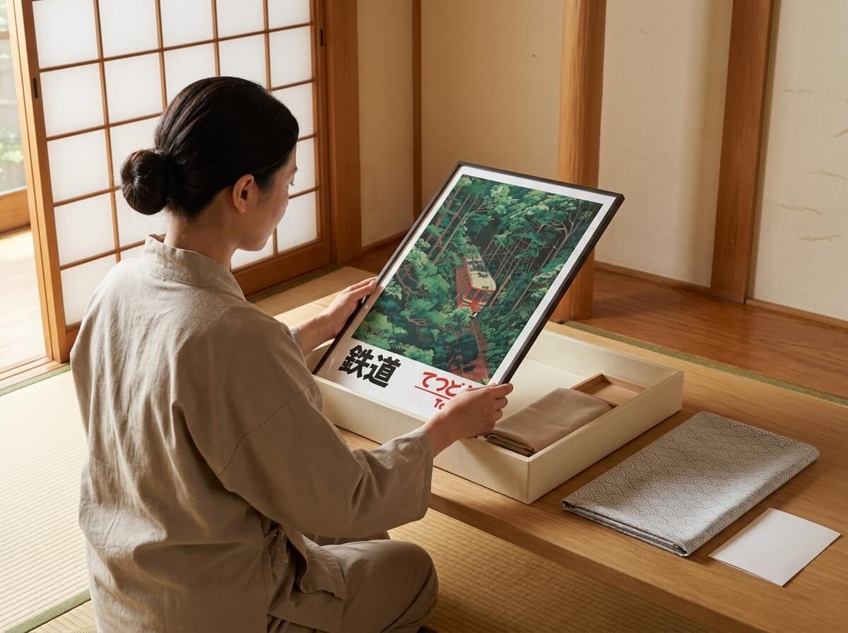 Woman in a linen apron lifting a framed traditional train poster from its presentation box, red railcar and forest scene visible beside folded linen fabric