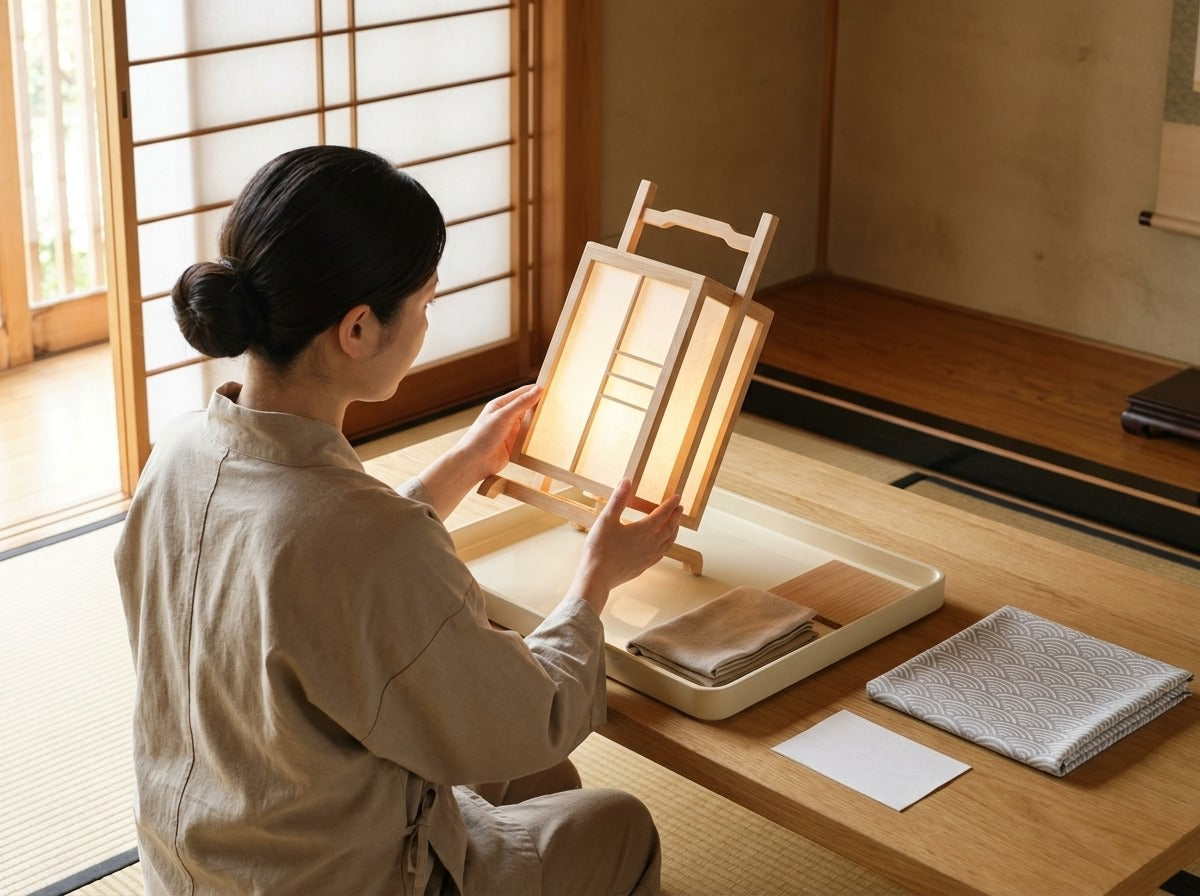 Artisan holding a traditional Japanese wooden lamp with softly lit paper panels above a tray with folded cloths, sunlit shoji screen in the tatami room background