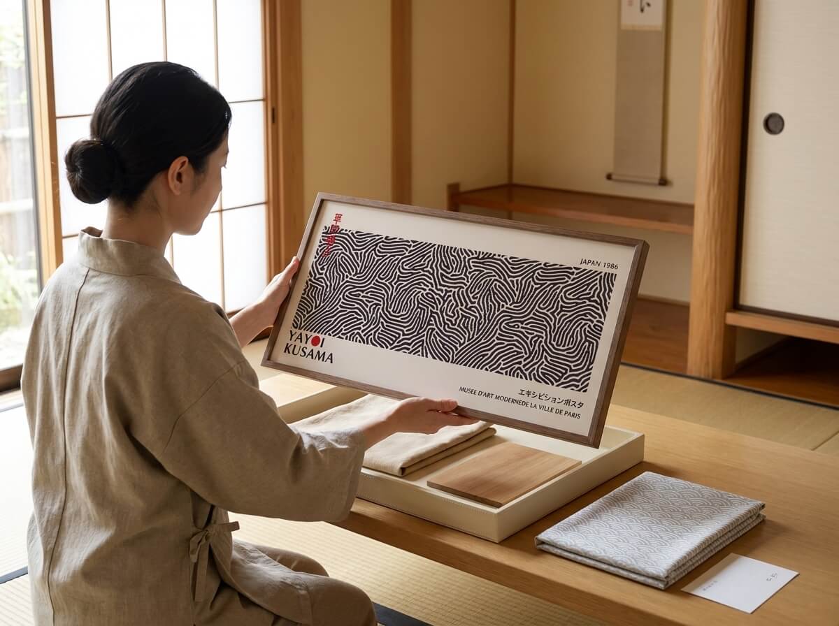Woman in a linen apron lifting traditional japanese canvas art by Yayoi Kusama from its presentation box, black and white swirling maze pattern in a wooden frame