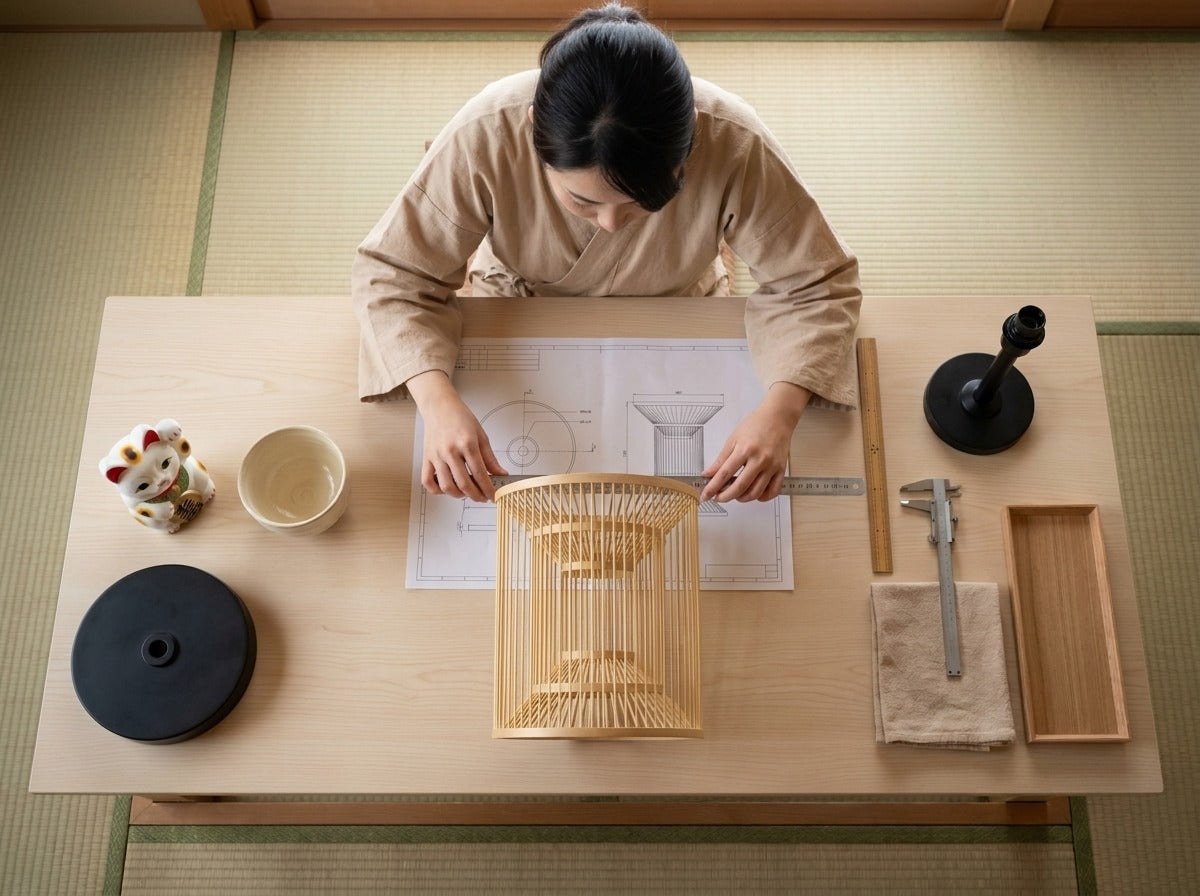 Overhead workshop shot measuring a traditional Japanese ceiling light with cylindrical bamboo lattice shade on a scale blueprint, maneki neko figurine and calipers on the table