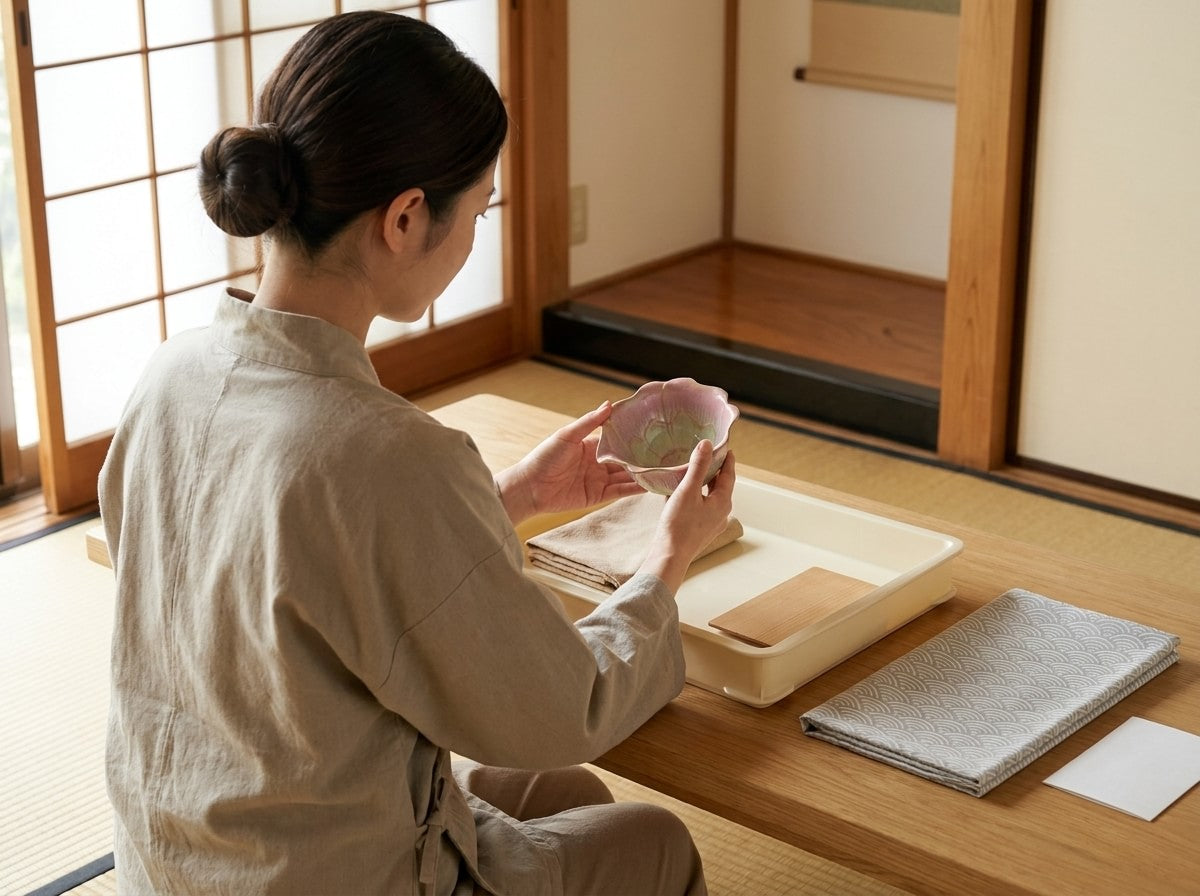 Artisan holding a traditional Japanese ceramic matcha bowl with pink scalloped edge and green glaze, tray with folded cloths on the tatami room table by shoji doors