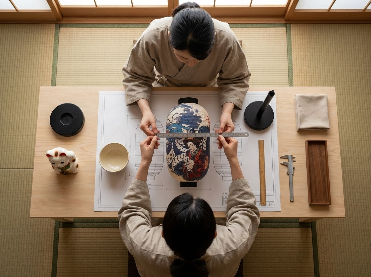 Two artisans measuring a traditional Japanese chochin lantern painted with waves and a warrior figure on a scale blueprint, calipers and maneki neko figurine on the table