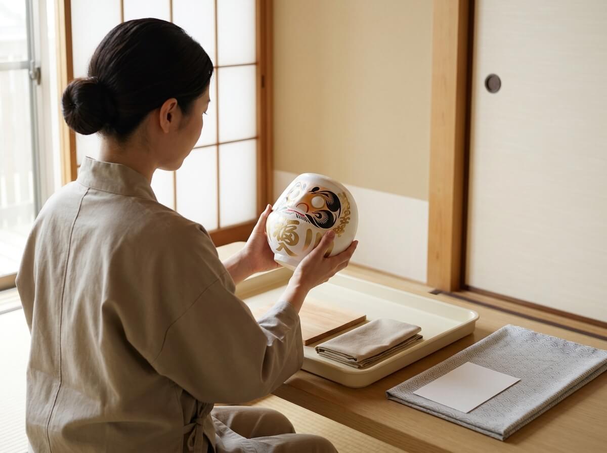 Woman in a linen apron holding a traditional japanese daruma doll in cream ceramic with gold script and dramatic black eyebrows, resting on a tray