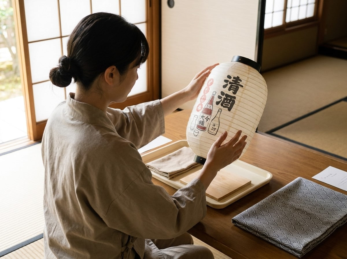 Artisan holding a traditional Japanese floating lantern printed with sake bottle illustrations and kanji script, tray with folded cloths on the tatami room table by shoji doors