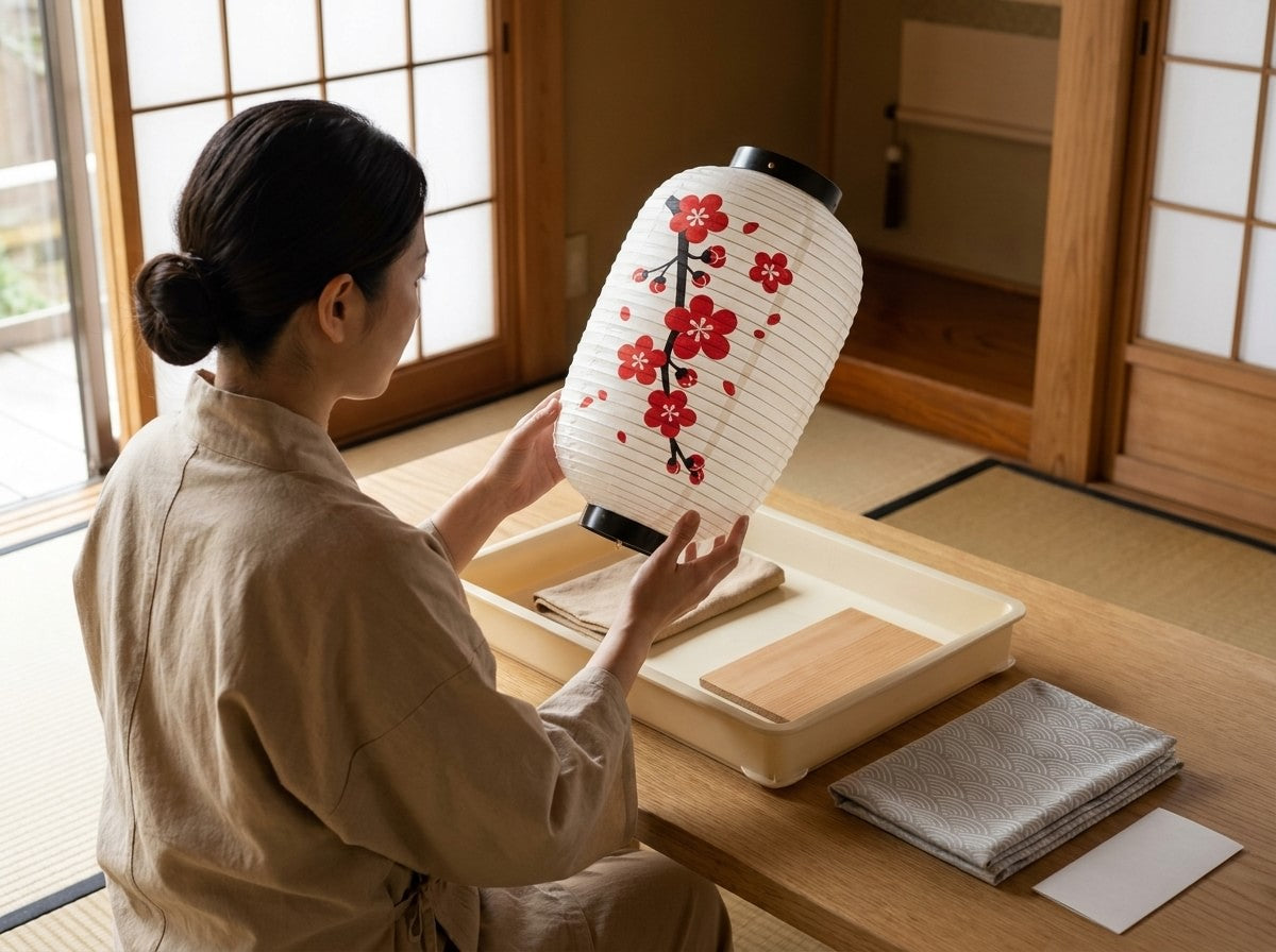 Artisan holding a traditional Japanese lantern painted with a red plum blossom branch on white paper, tray with folded cloths on the tatami room table