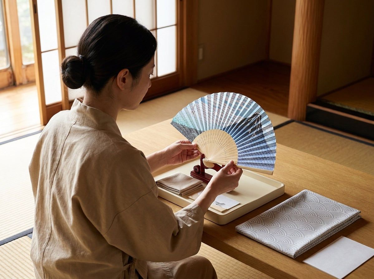 Artisan holding an open traditional Japanese folding fan with a geometric Mount Fuji print on its red lacquer stand, tray with folded cloths on the tatami room table