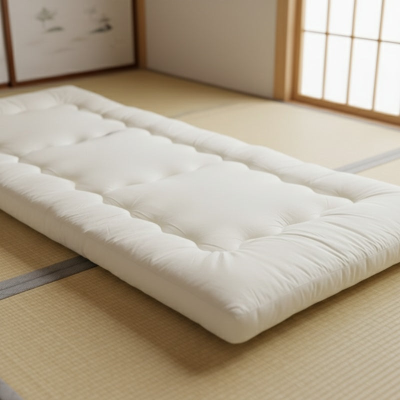 Traditional japanese futon close up on tatami flooring with characteristic black border lines in minimalist setting