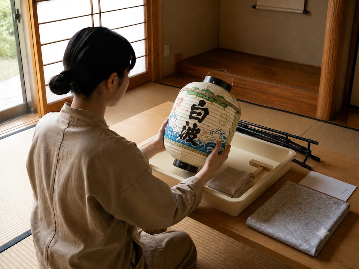 A traditional Japanese lantern lamp with a wave pattern, held in a tatami room